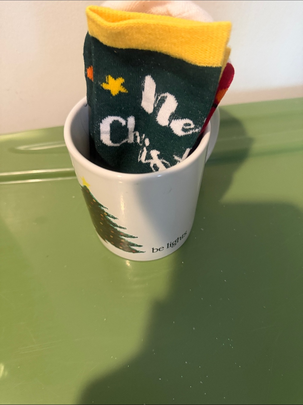 Holiday Tree Ceramic Mug with Green & Yellow Festive Socks